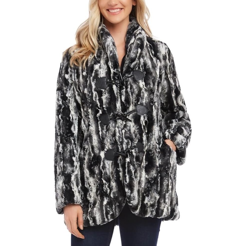 Karen Kane Faux Fur Coat Womens XL Black White Animal Print Toggle Jacket Luxury